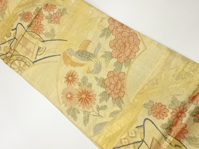 JAPANESE KIMONO / VINTAGE FUKURO OBI / SAGANISHIKI / WOVEN PHOENIX & FLOWER WITH CARRIAGE